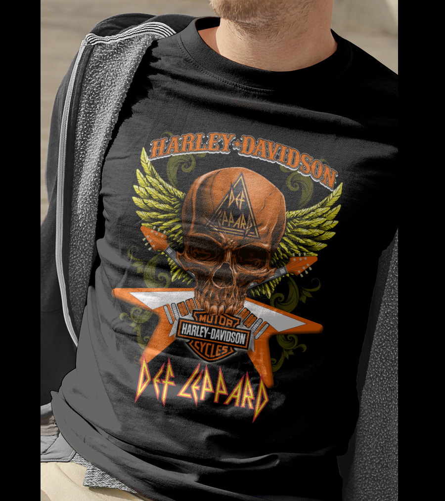 Harley Davidson Motorcycles Def Leppard Skull Wings Guitar T-Shirt