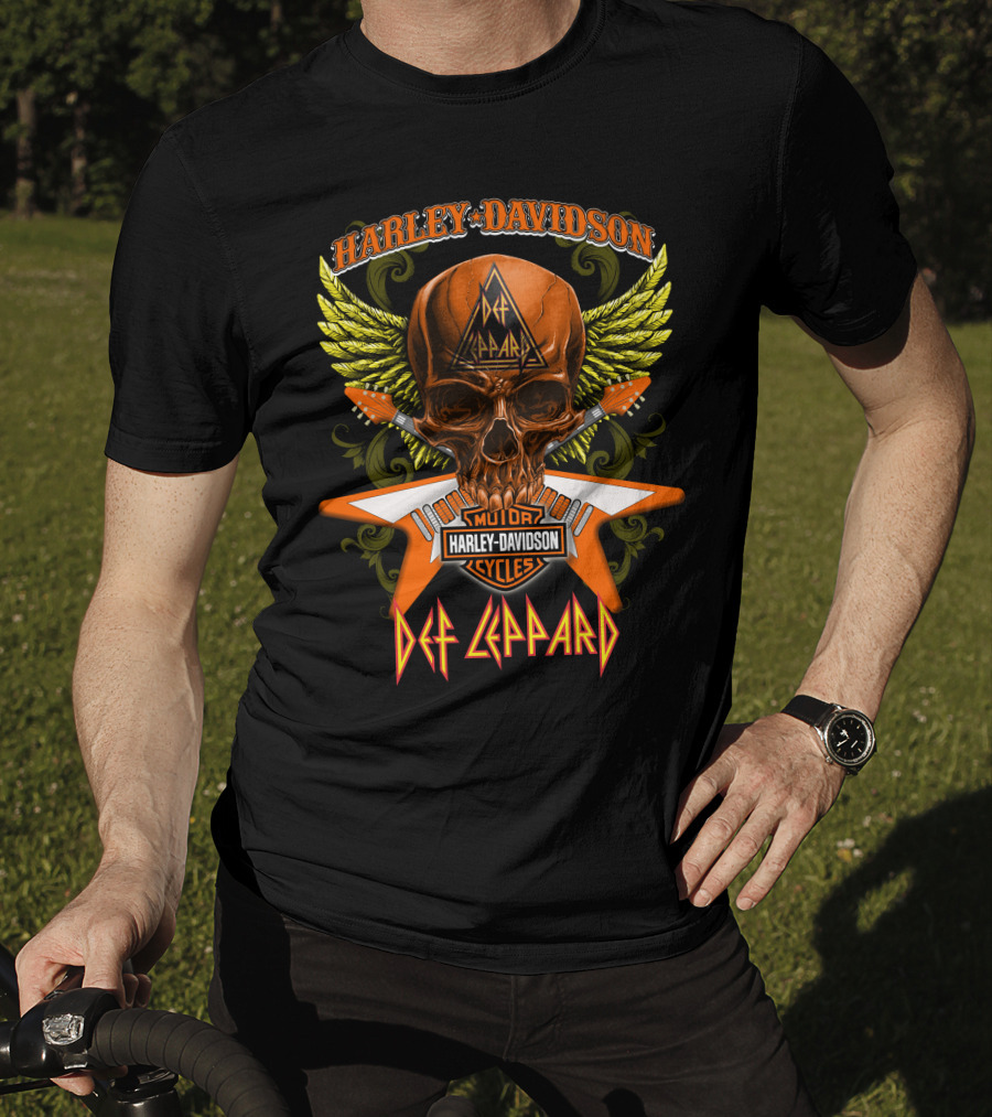 Harley Davidson Motorcycles Def Leppard Skull Wings Guitar T-Shirt