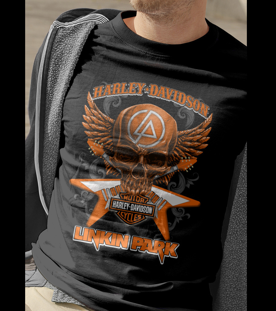 Linkin Park Harley Davidson Motor Cycles Skull Winged T-Shirt