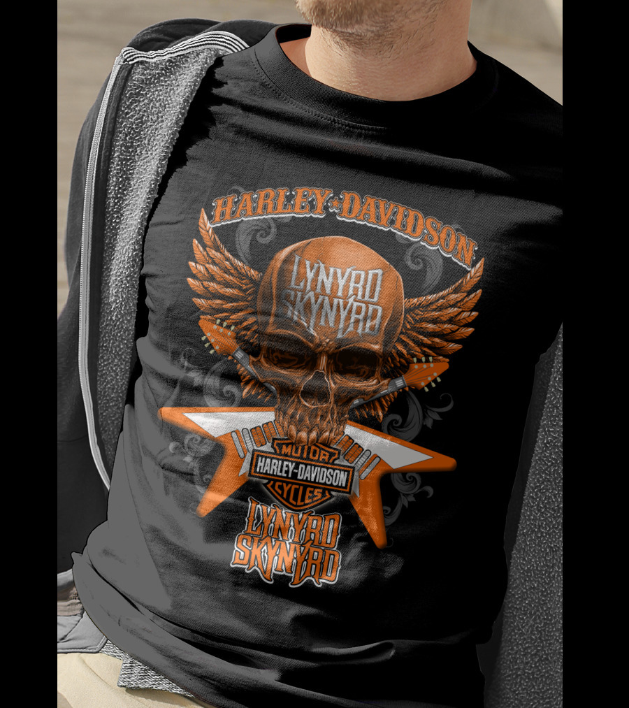 Harley Davidson Lynyrd Skynyrd Skull Wings Guitar Duo T-Shirt