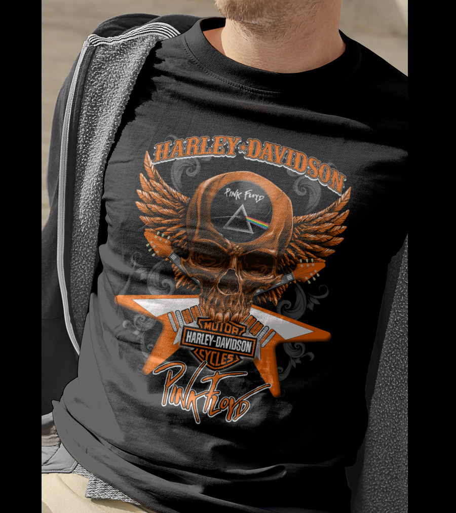 Harley Davidson Pink Floyd Skull Design With Prism And Wings T-Shirt