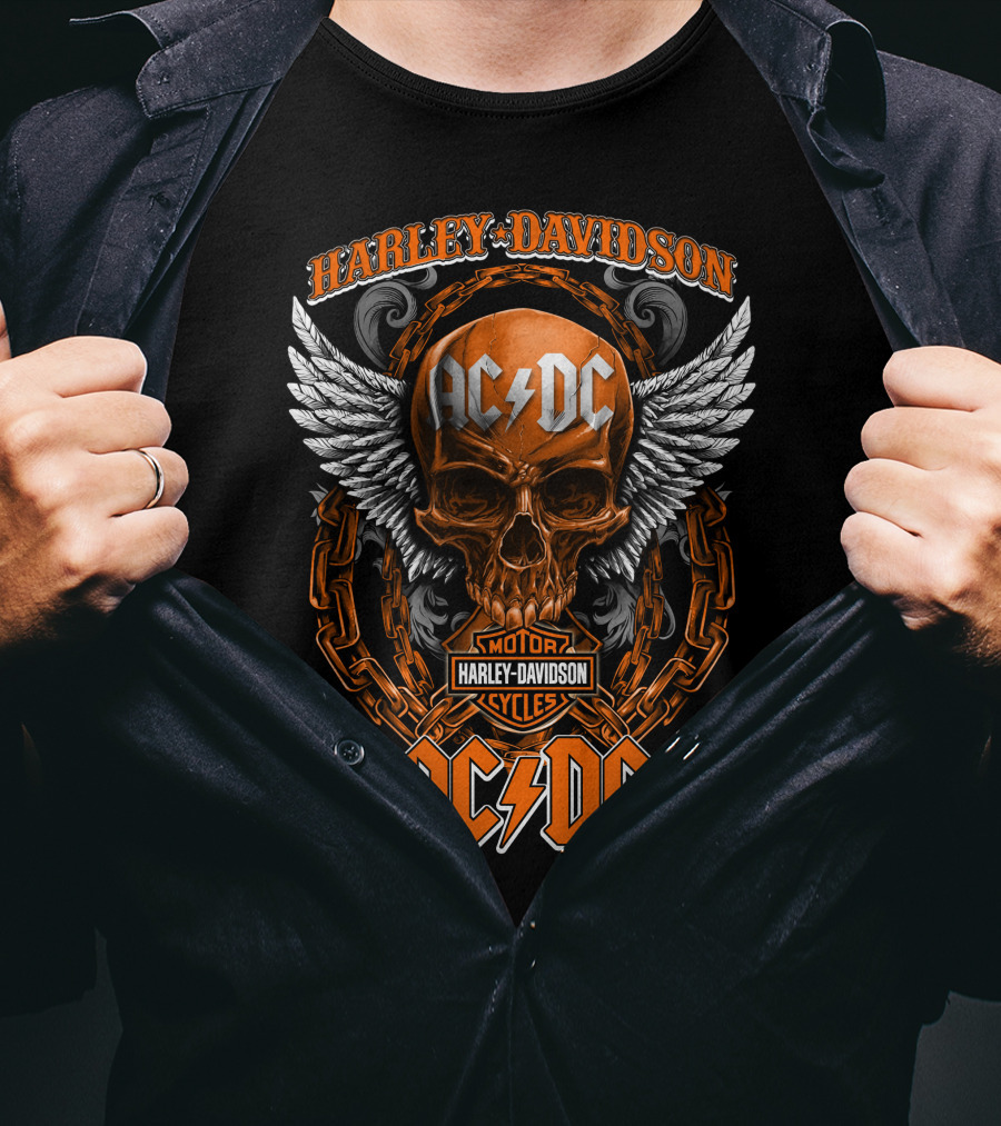 Harley Davidson Acdc Skull With Chains And Wings T-Shirt