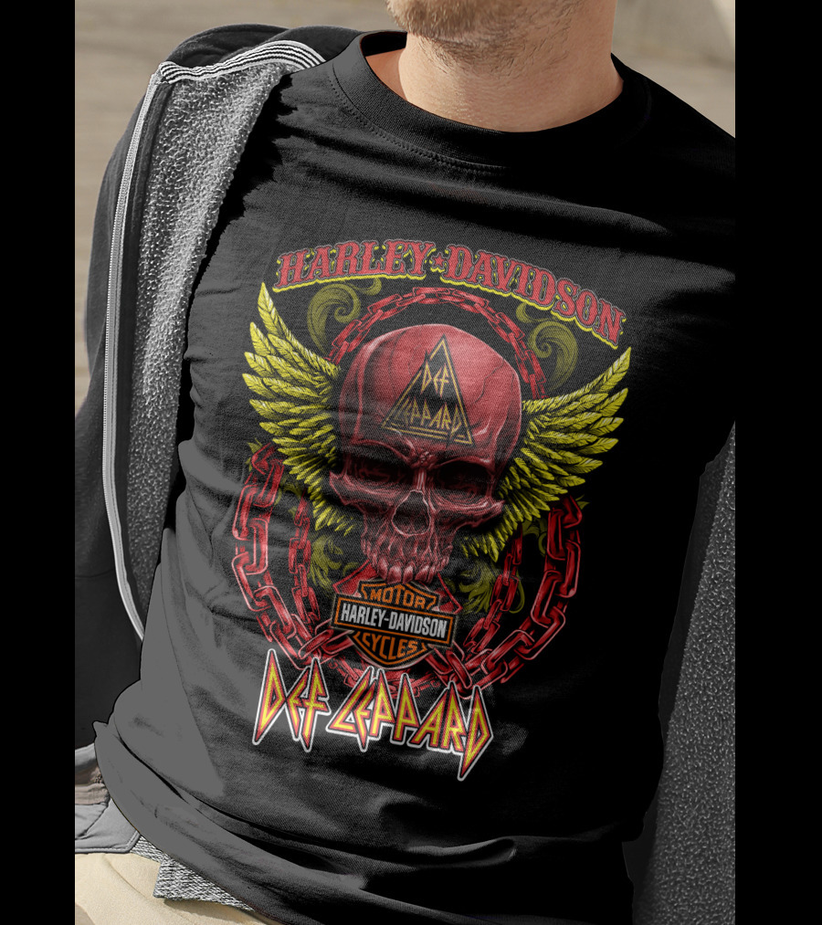 Harley Davidson Def Leppard Skull With Chains And Wings T-Shirt