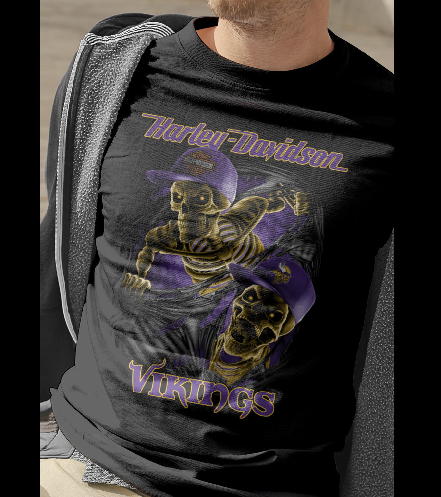 Harley Davidson Vikings Skeletons In Purple Caps With Logos T-Shirt