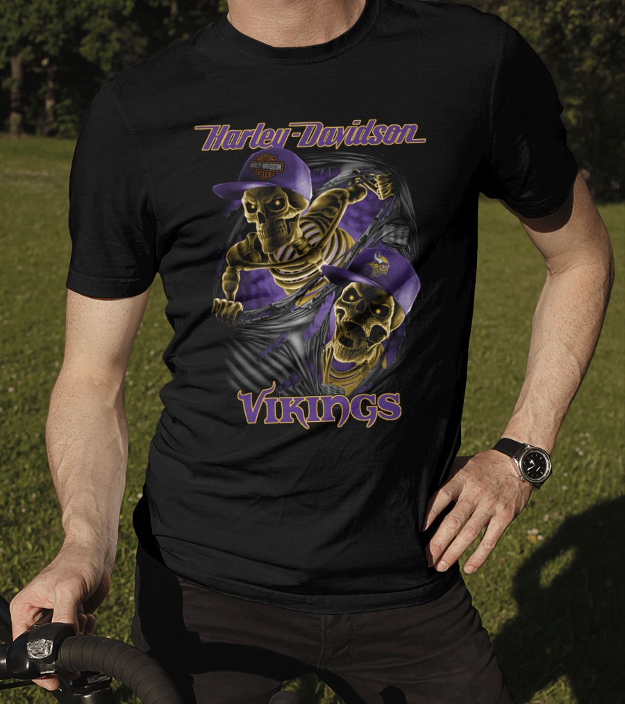 Harley Davidson Vikings Skeletons In Purple Caps With Logos T-Shirt