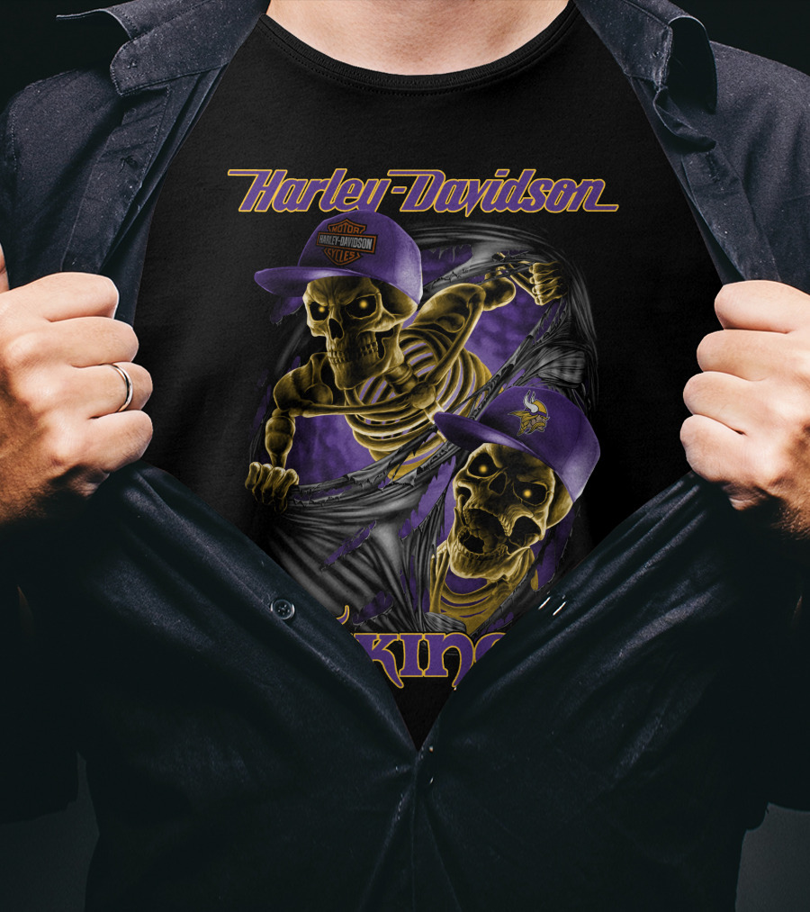 Harley Davidson Vikings Skeletons In Purple Caps With Logos T-Shirt