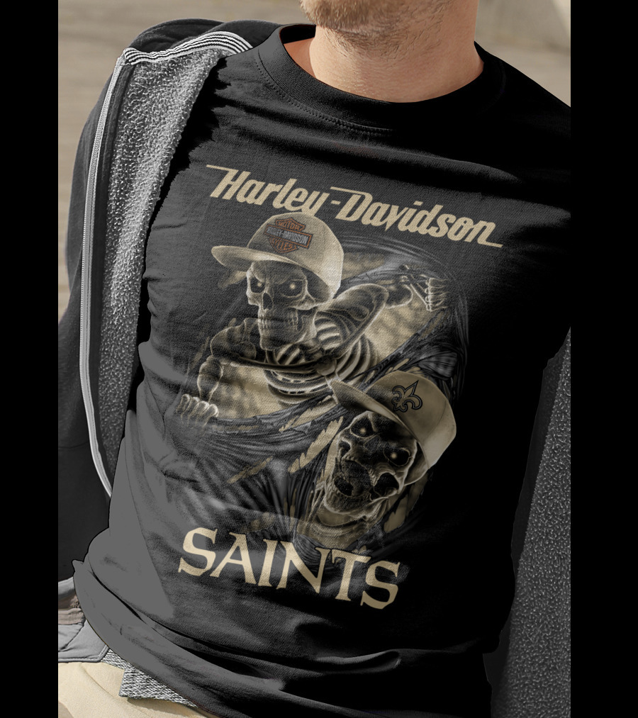 Harley Davidson New Orleans Saints Skeletons Nfl Style T-Shirt