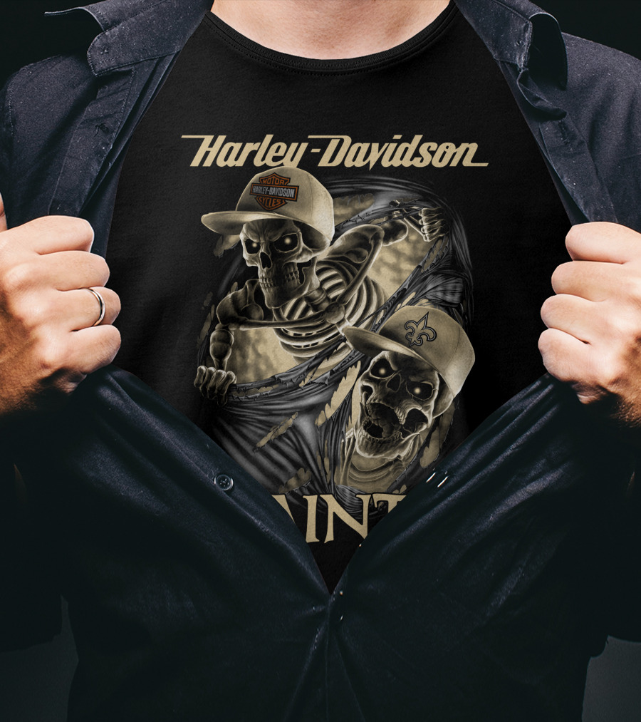 Harley Davidson New Orleans Saints Skeletons Nfl Style T-Shirt