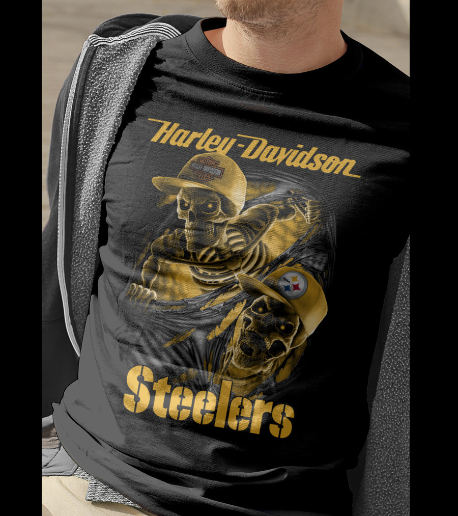 Harley Davidson Steelers Skeletons With Pittsburgh Steelers And Harley T-Shirt