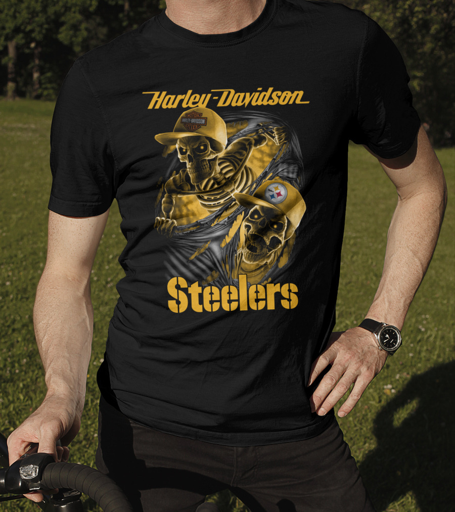 Harley Davidson Steelers Skeletons With Pittsburgh Steelers And Harley T-Shirt