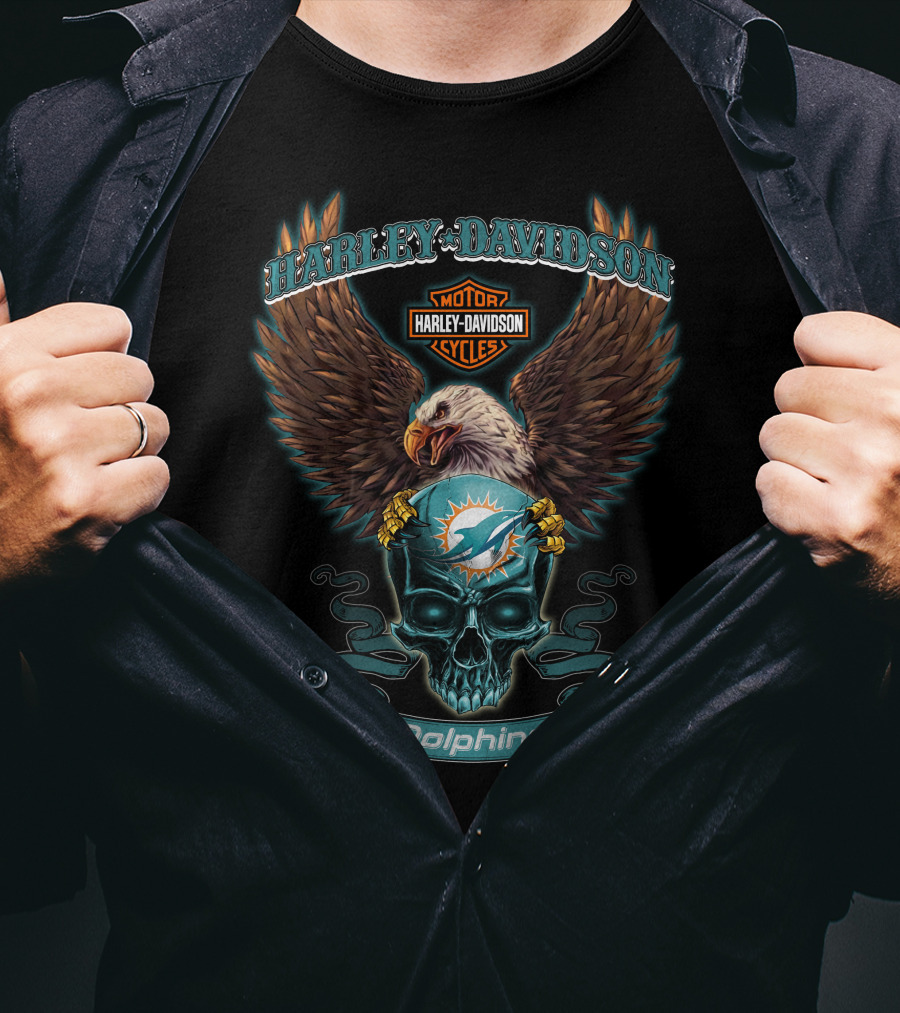 Harley Davidson Miami Dolphins Skull And Eagle T-Shirt