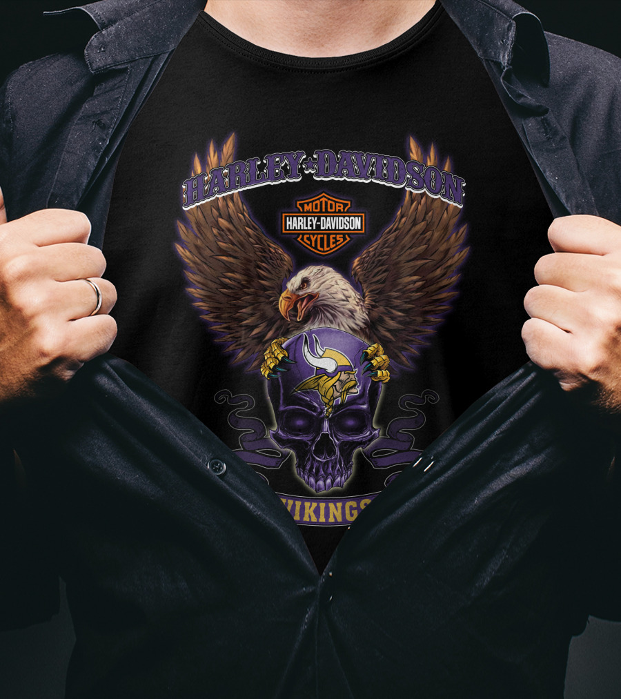Harley Davidson Motor Cycles Minnesota Vikings Eagle Purple Skull T-Shirt
