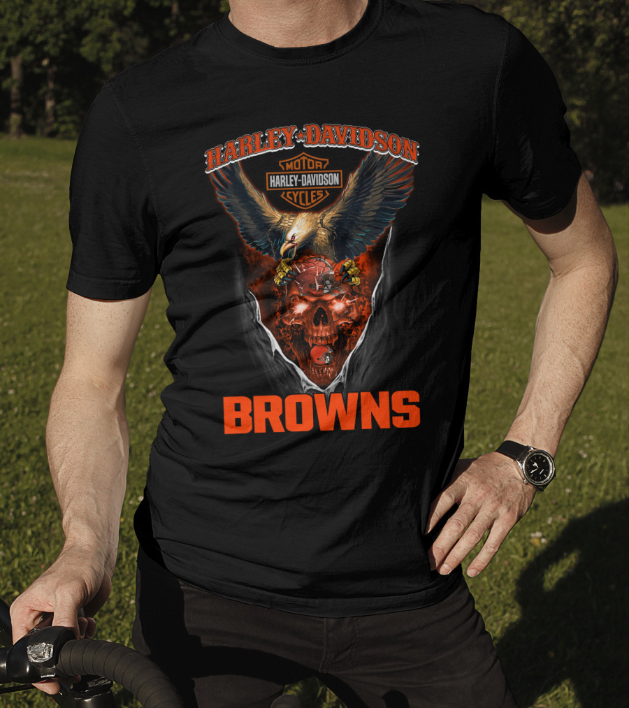 Harley Davidson Cleveland Browns Eagle Skulls Cycles T-Shirt