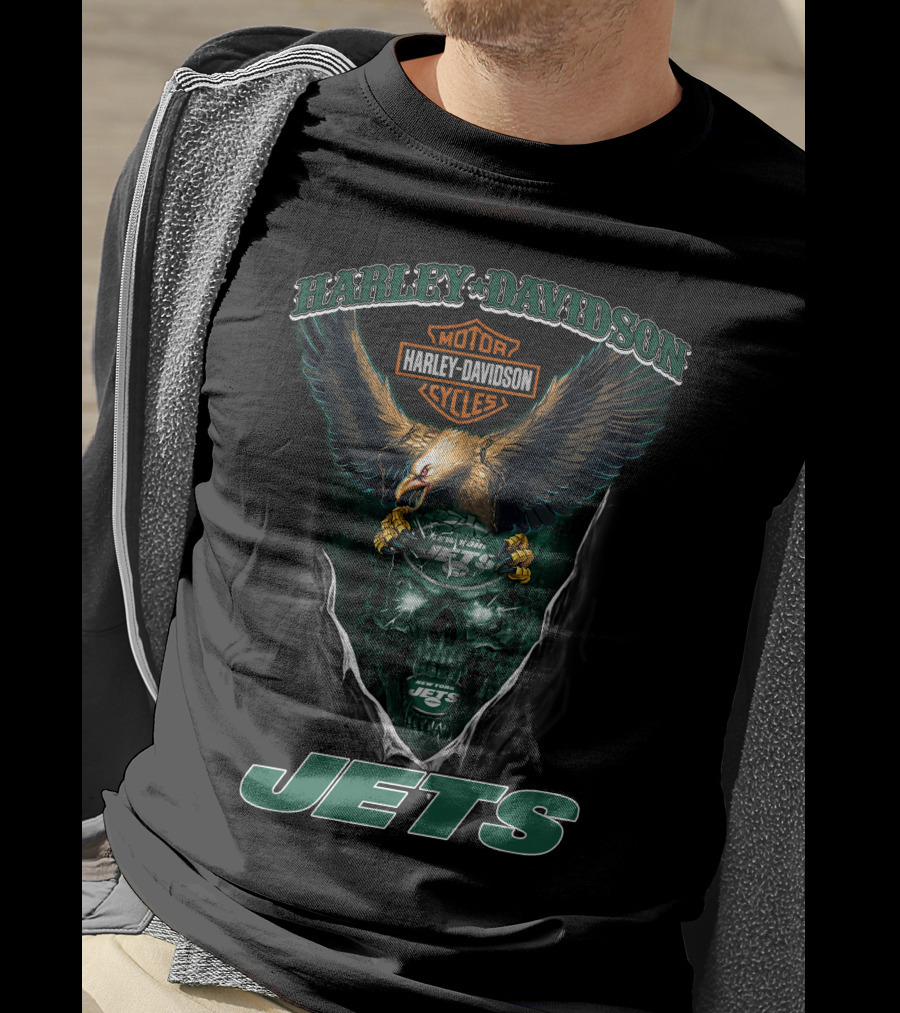 Harley Davidson Motor Cycles Eagle Skull New York Jets T-Shirt