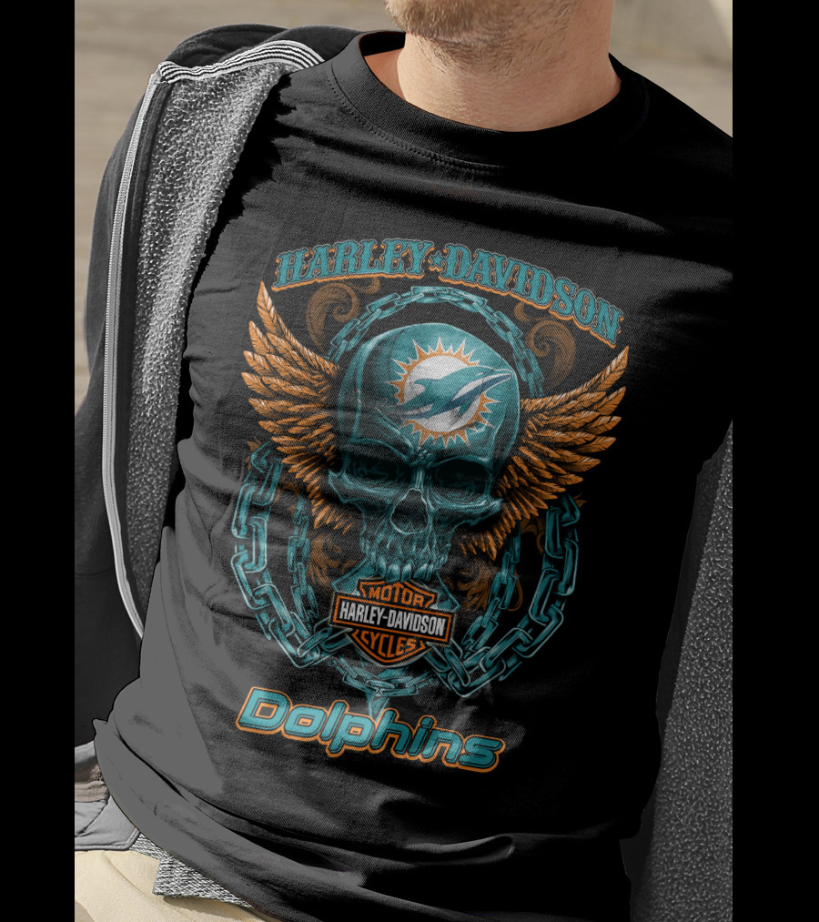 Harley Davidson Miami Dolphins Motorcycles Skull T-Shirt