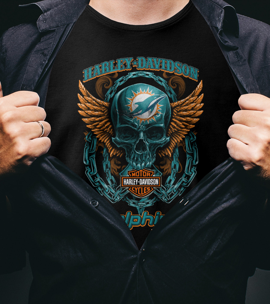 Harley Davidson Miami Dolphins Motorcycles Skull T-Shirt