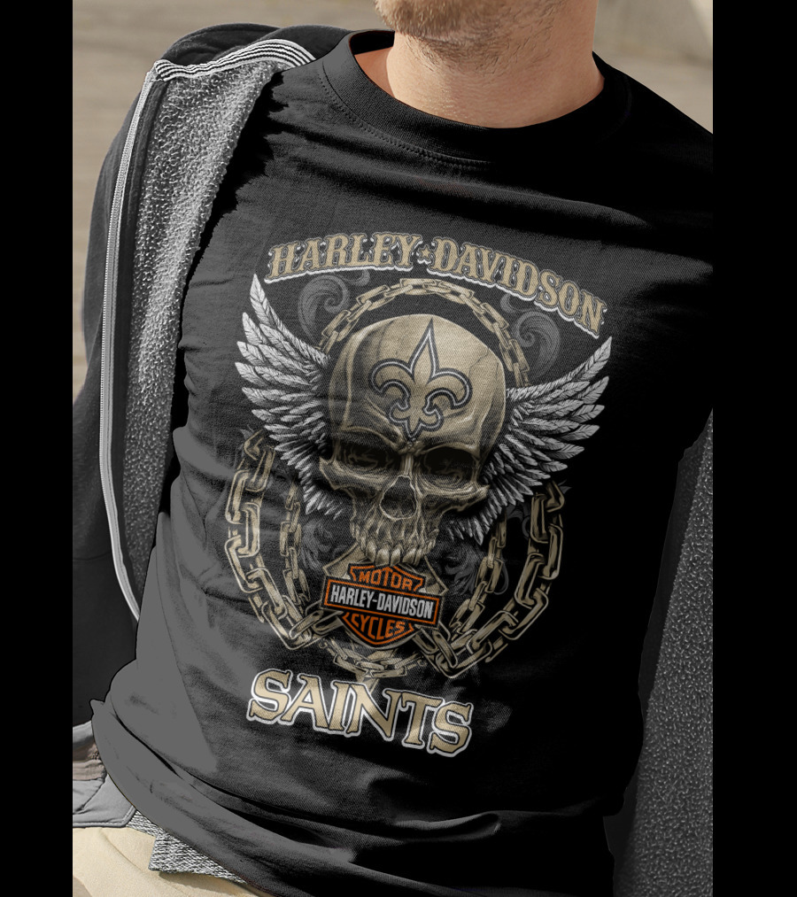 Harley Davidson New Orleans Saints Nfl Fleur-De-Lis Skull And Wings T-Shirt