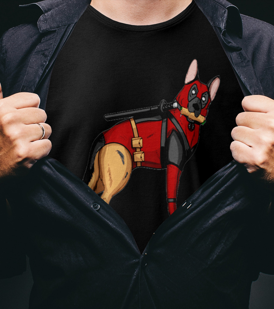 German Shepherd In Deadpool Costume With Sword And Bone T-Shirt