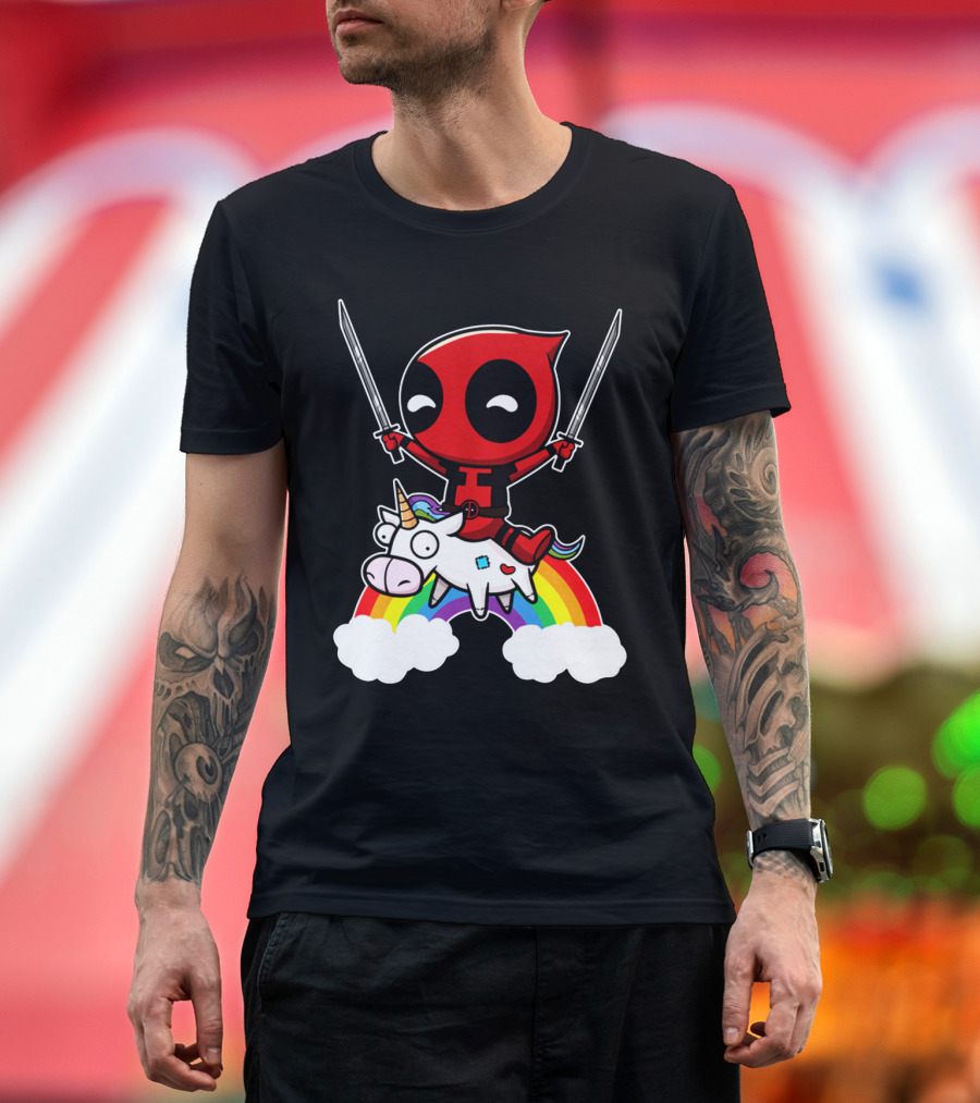 Deadpool Riding Unicorn Over Rainbow with Dual Swords T-Shirt