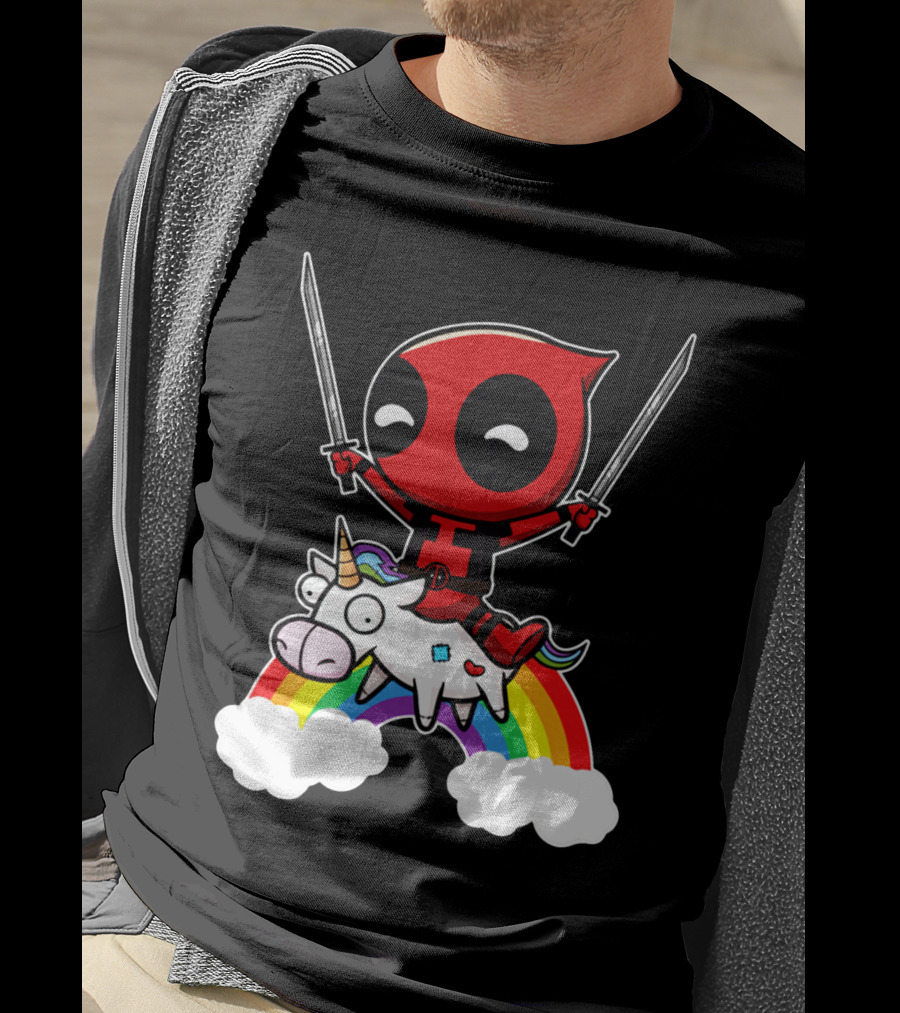 Deadpool Riding Unicorn Over Rainbow With Dual Swords T-Shirt