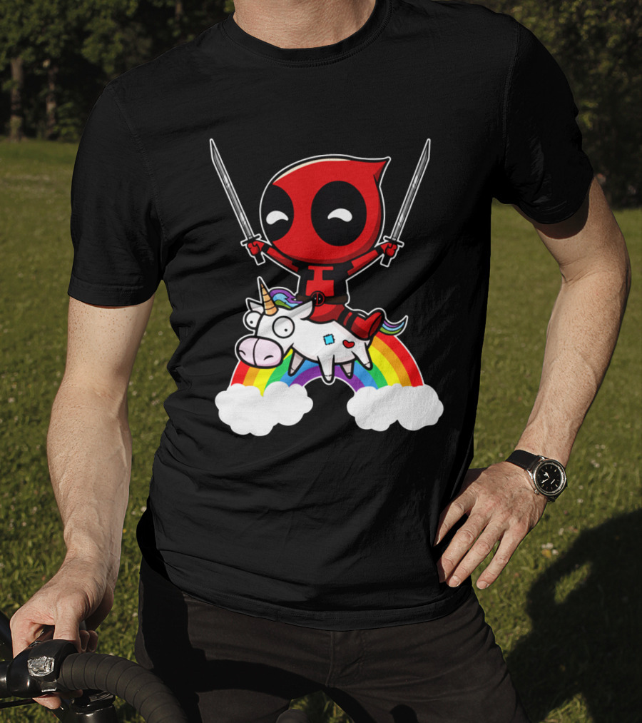 Deadpool Riding Unicorn Over Rainbow With Dual Swords T-Shirt