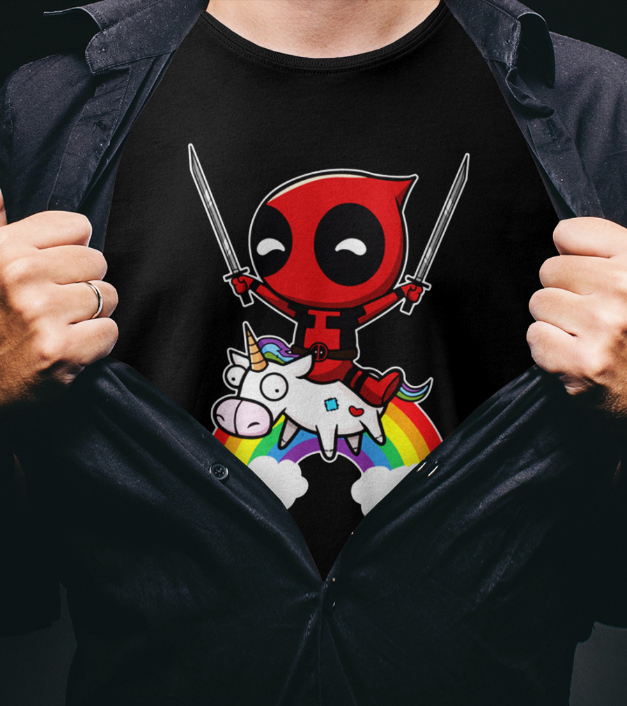Deadpool Riding Unicorn Over Rainbow With Dual Swords T-Shirt