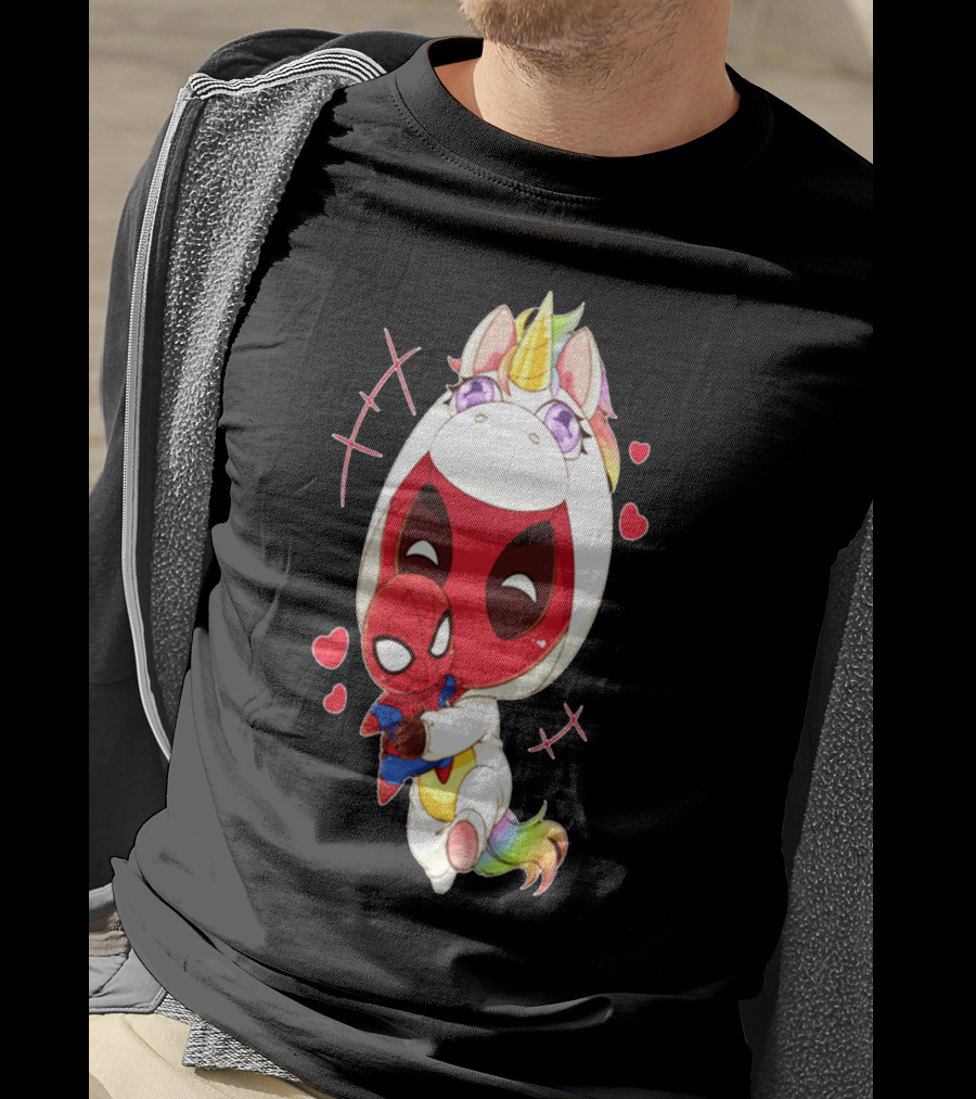 Deadpool IN Unicorn Costume Hugging Spiderman Plush With Hearts And Smiling Face T-Shirt