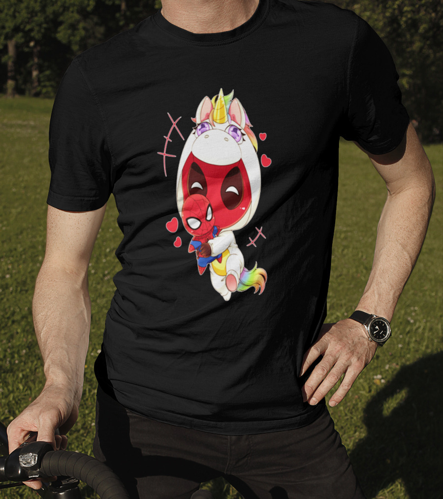 Deadpool IN Unicorn Costume Hugging Spiderman Plush With Hearts And Smiling Face T-Shirt