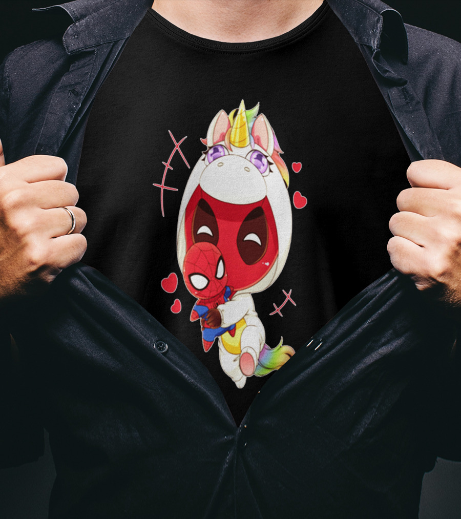 Deadpool IN Unicorn Costume Hugging Spiderman Plush With Hearts And Smiling Face T-Shirt