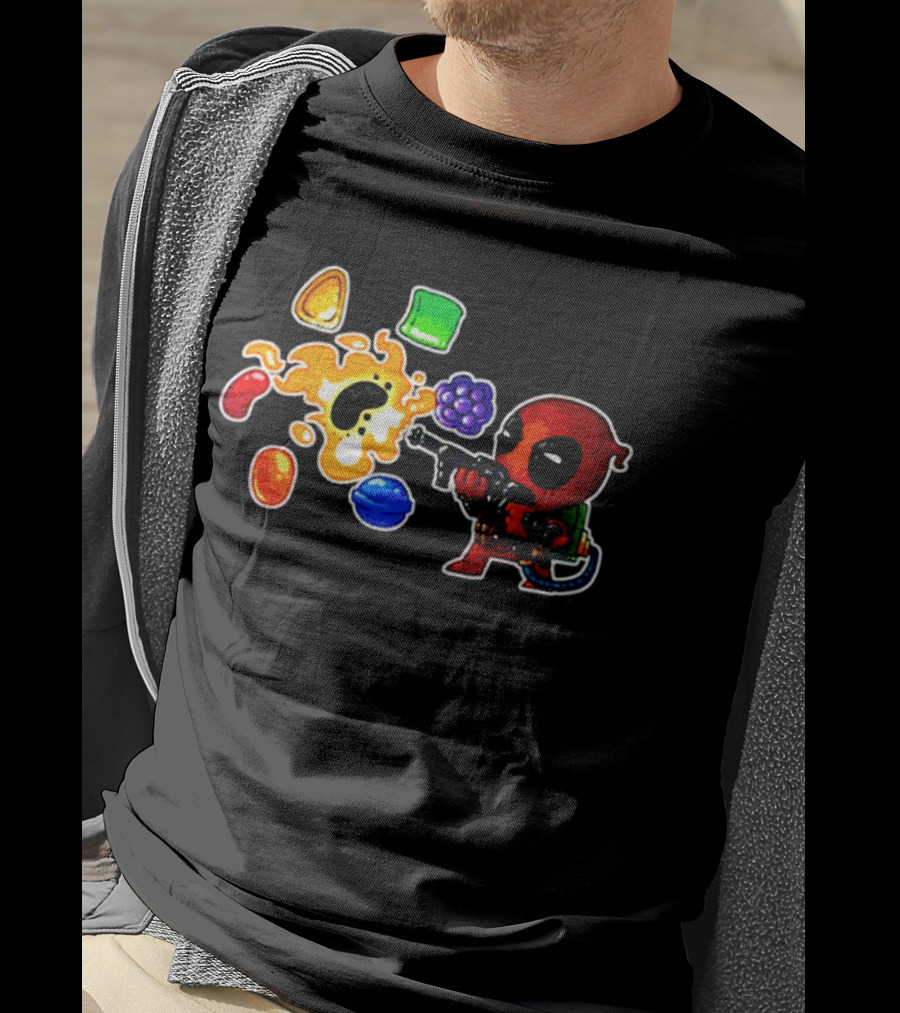 Deadpool Candy Explosion With Shooting Gun And Colorful Sweets T-Shirt