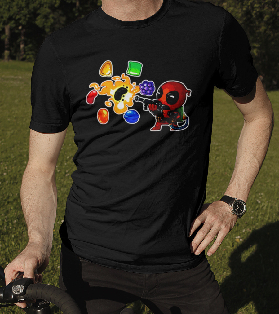 Deadpool Candy Explosion With Shooting Gun And Colorful Sweets T-Shirt