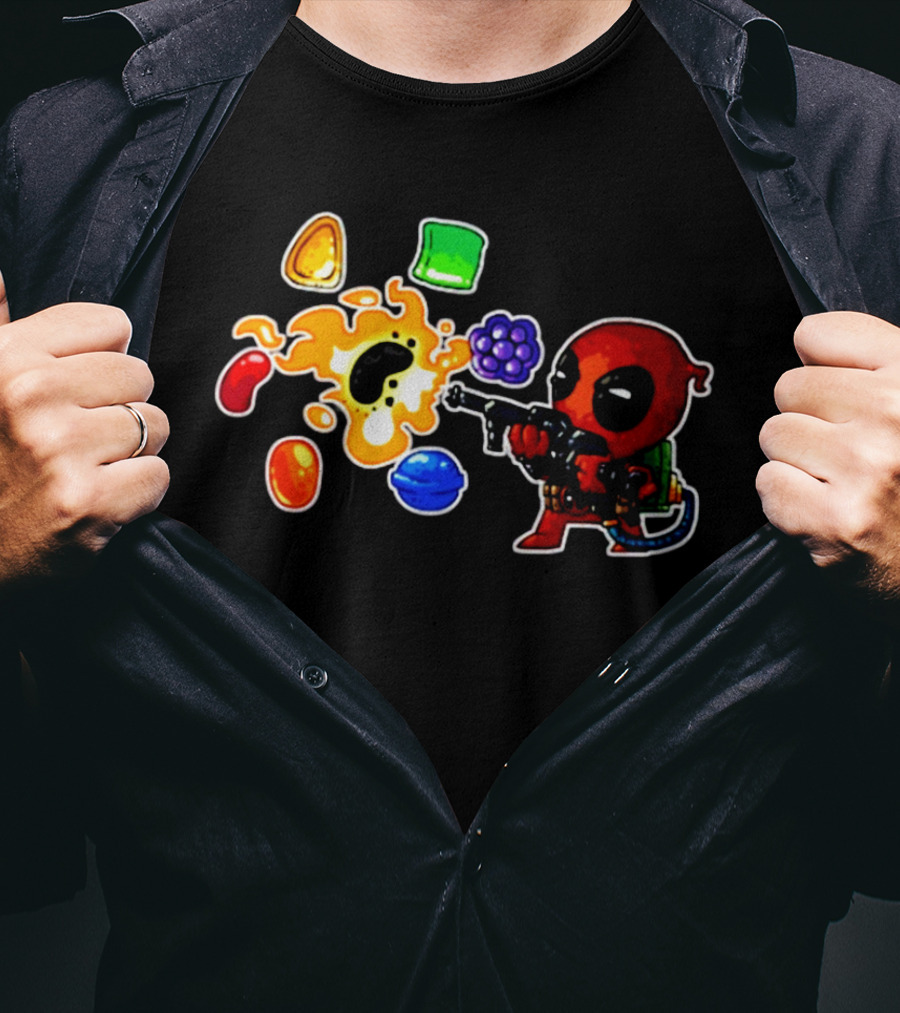 Deadpool Candy Explosion With Shooting Gun And Colorful Sweets T-Shirt