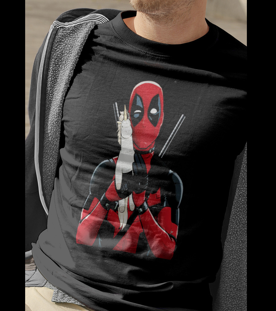 Deadpool Hugging Unicorn Toy With Iconic Red And Black Suit T-Shirt