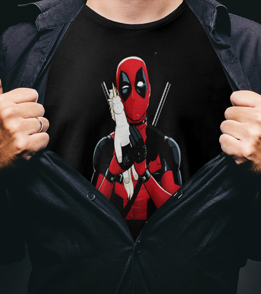 Deadpool Hugging Unicorn Toy With Iconic Red And Black Suit T-Shirt