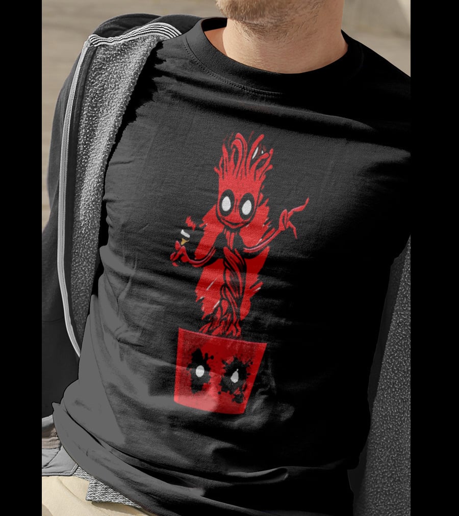 Deadpool Groot Mashup With Baby Tree Holding Paintbrush In Red Pot With Comic Mask Eyes T-Shirt