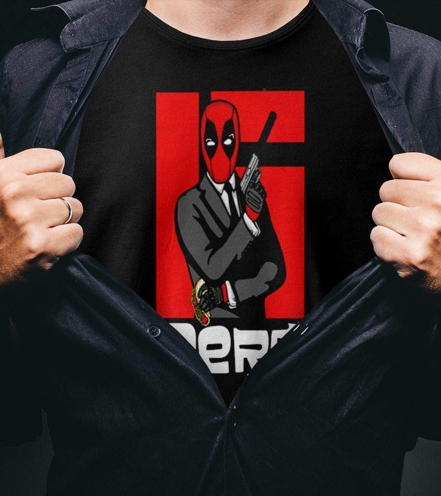 Deadpool Merc 007 Parody Graphic With Red Mask And Suit T-Shirt