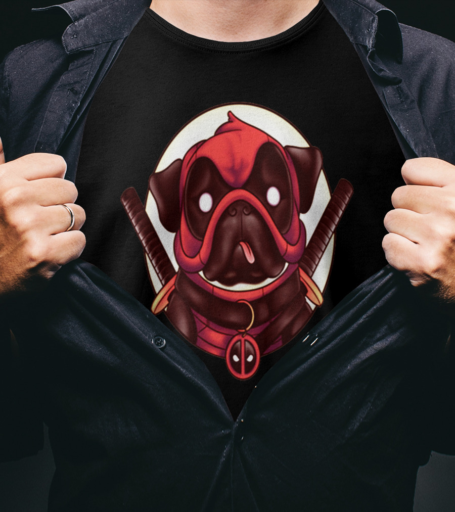 Deadpug Pug Wearing Deadpool Mask With Swords T-Shirt