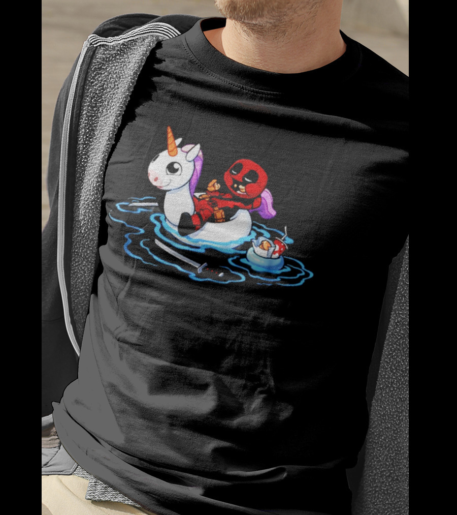 Deadpool Relaxing On Inflatable Unicorn With Rubber Duck And Swords T-Shirt
