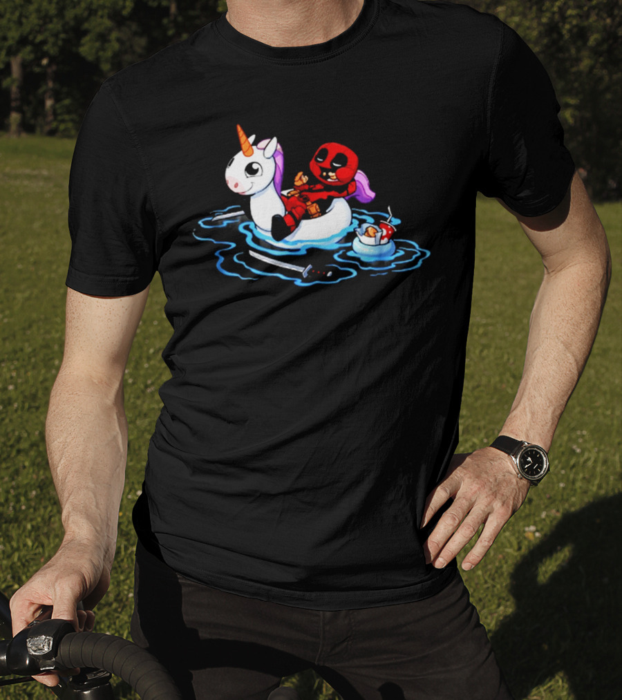Deadpool Relaxing On Inflatable Unicorn With Rubber Duck And Swords T-Shirt