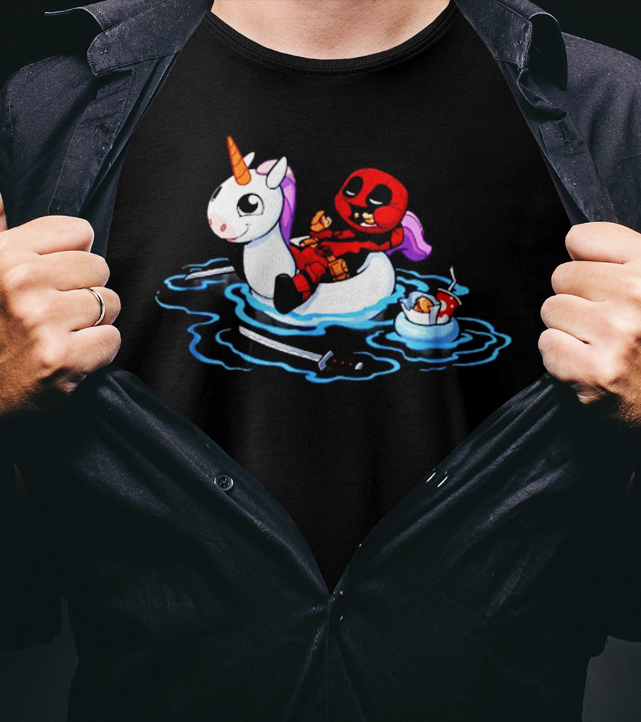 Deadpool Relaxing On Inflatable Unicorn With Rubber Duck And Swords T-Shirt