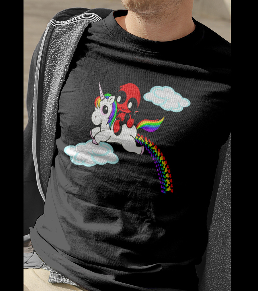 Deadpool Riding Rainbow Unicorn In Clouds T-Shirt