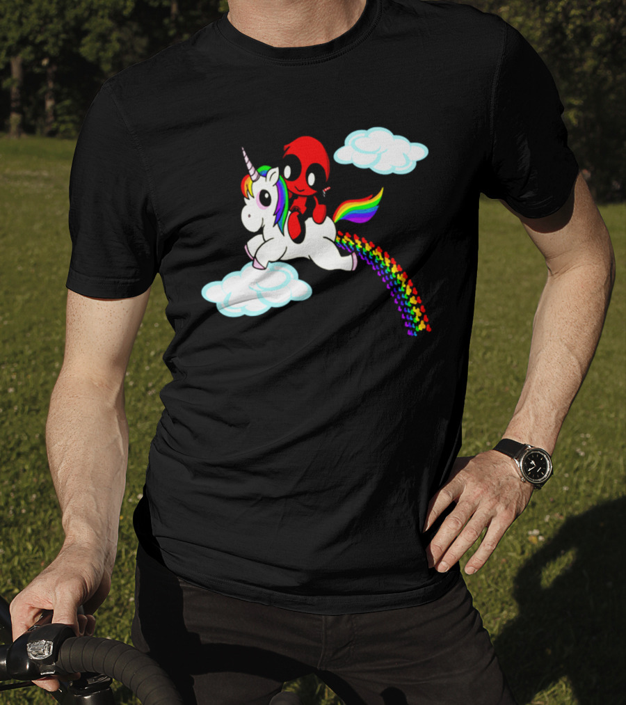 Deadpool Riding Rainbow Unicorn In Clouds T-Shirt