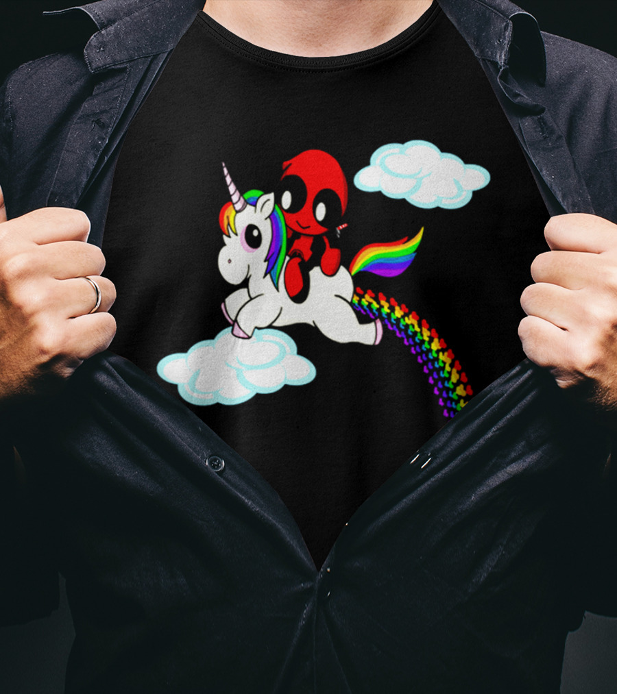 Deadpool Riding Rainbow Unicorn In Clouds T-Shirt