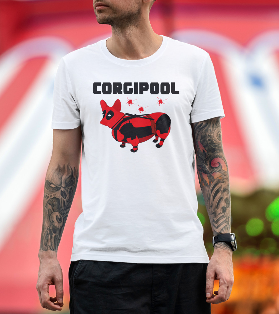 Corgipool Corgi Deadpool Parody with Red and Black Costume and Comic-Style Font T-Shirt