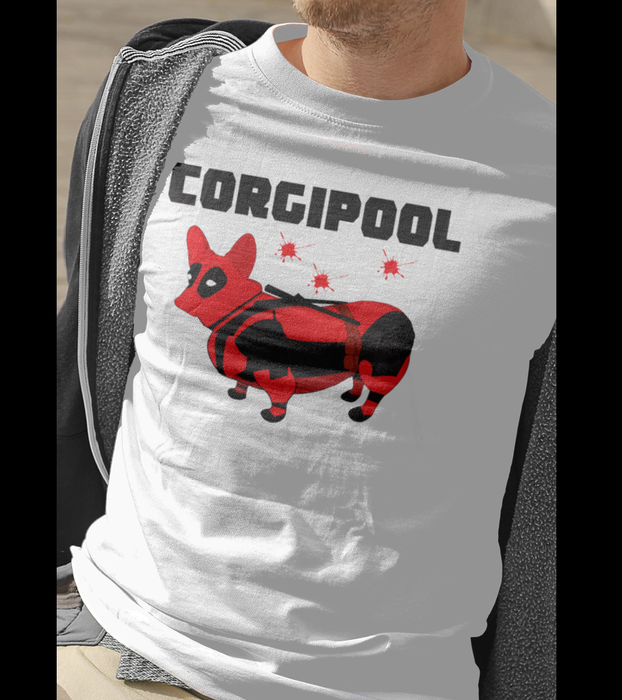 Corgipool Corgi Deadpool Parody With Red And Black Costume And Comic-Style Font T-Shirt