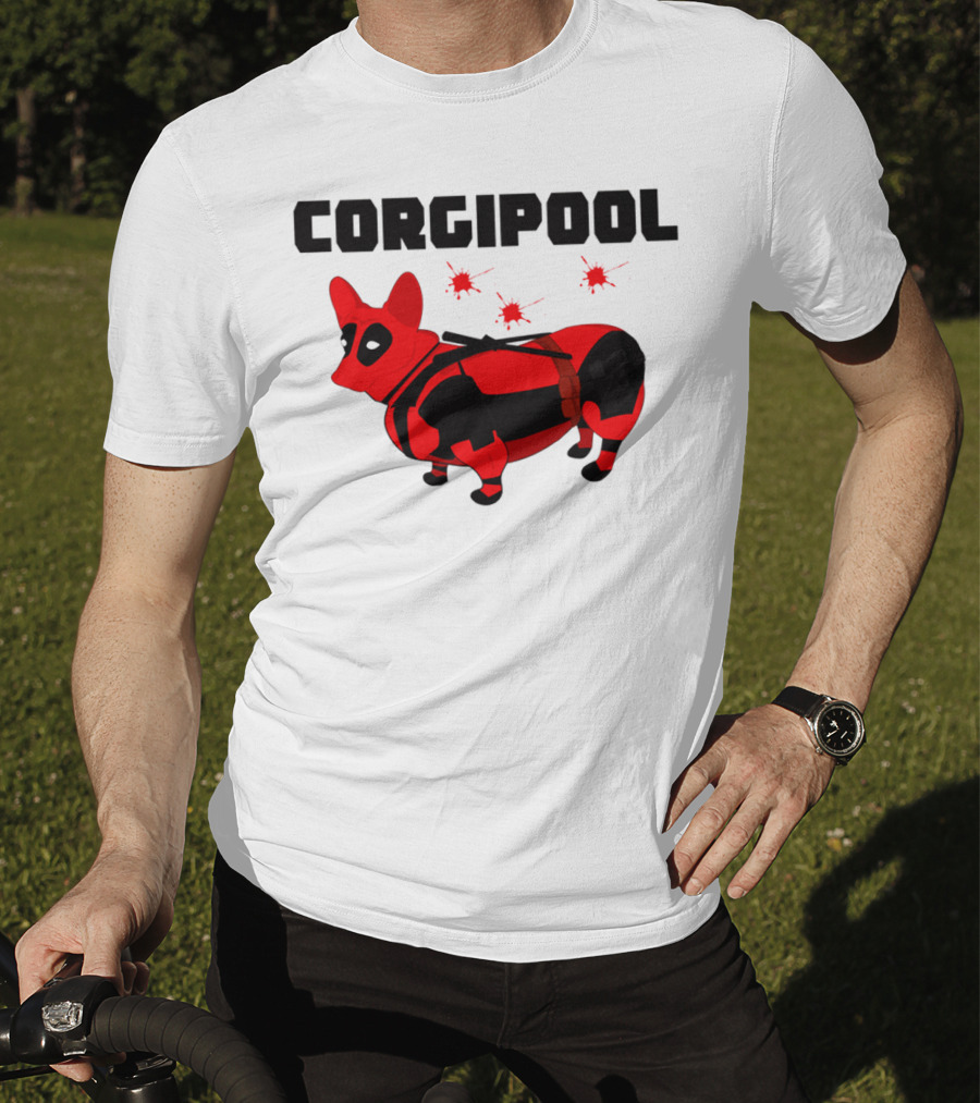 Corgipool Corgi Deadpool Parody With Red And Black Costume And Comic-Style Font T-Shirt