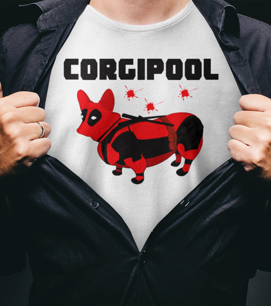 Corgipool Corgi Deadpool Parody With Red And Black Costume And Comic-Style Font T-Shirt