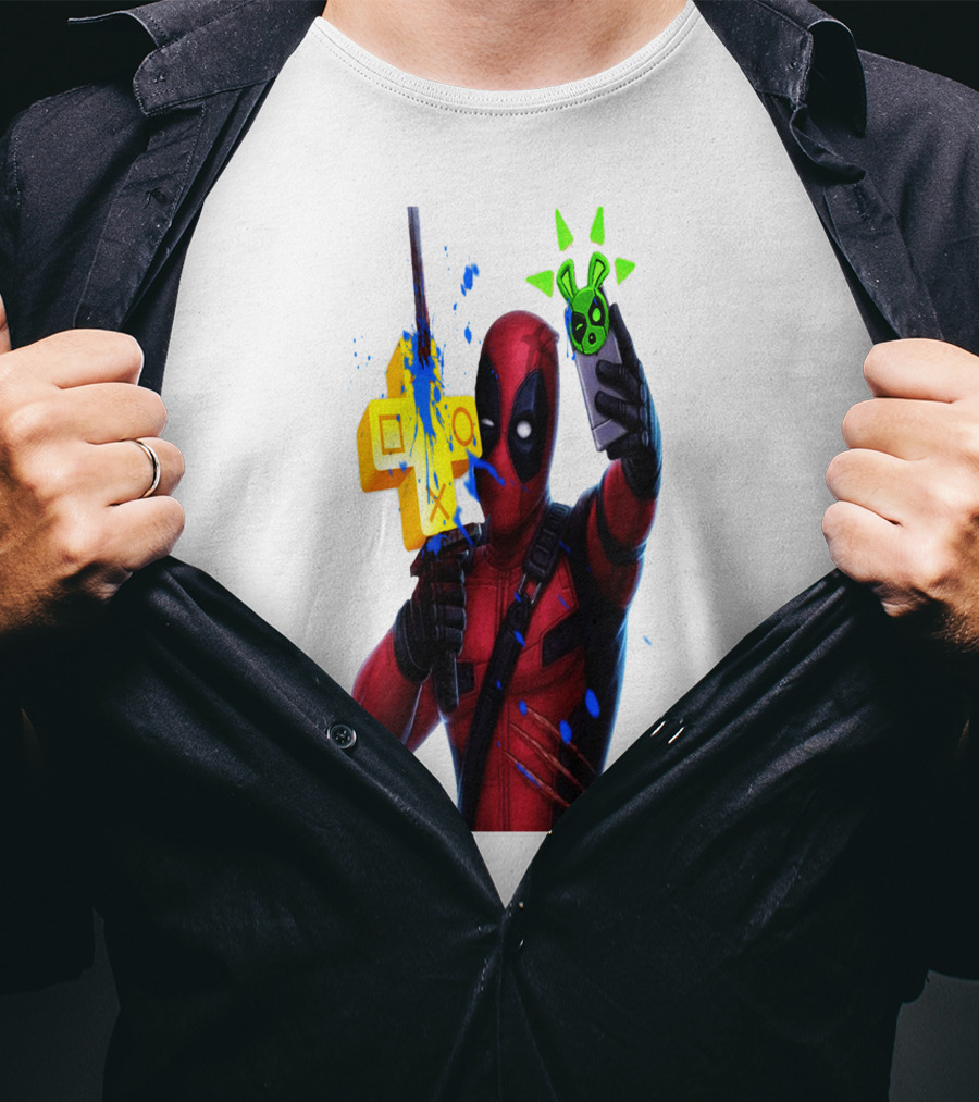 Deadpool Videogame Gamer Selfie With Iconic Controller And Green Bomb Symbols T-Shirt