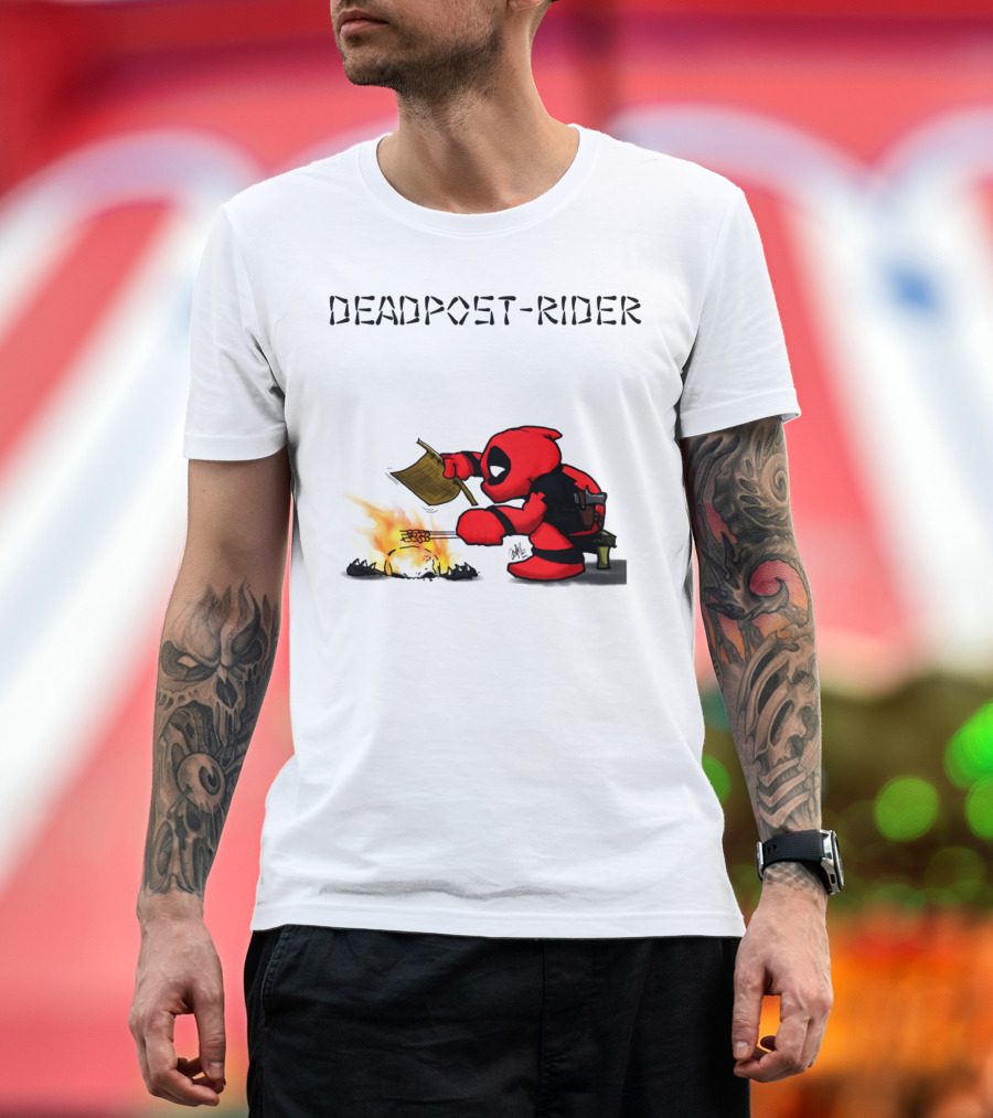 DEADPOOL RIDER COOKING MARSHMALLOW OVER FIRE CARTOON SCENE T-Shirt