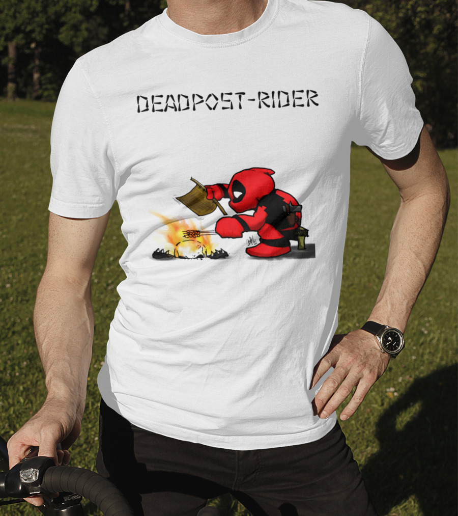 Deadpool Rider Cooking Marshmallow Over Fire Cartoon Scene T-Shirt